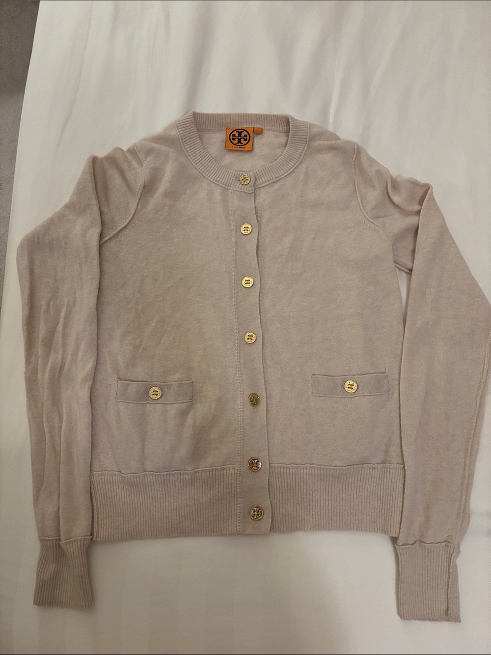Tory Burch Light Cream Button-Front Cardigan 100% Cashmere
